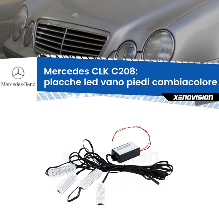 Placche LED vano piedi cambiacolore bluetooth per Mercedes CLK C208 1997 - 2002 <strong>Kit placche LED cambiacolore vano piedi Mercedes CLK</strong> C208 1997 - 2002. 4 placche <strong>Bluetooth</strong> con app Android /iOS.