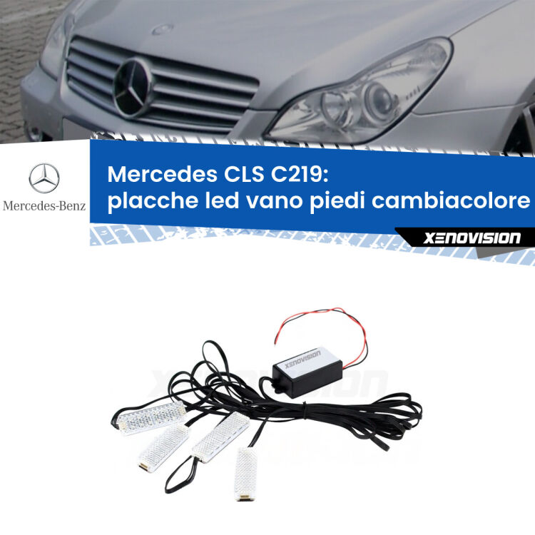 Placche LED vano piedi cambiacolore bluetooth per Mercedes CLS C219 2004 - 2010 <strong>Kit placche LED cambiacolore vano piedi Mercedes CLS</strong> C219 2004 - 2010. 4 placche <strong>Bluetooth</strong> con app Android /iOS.