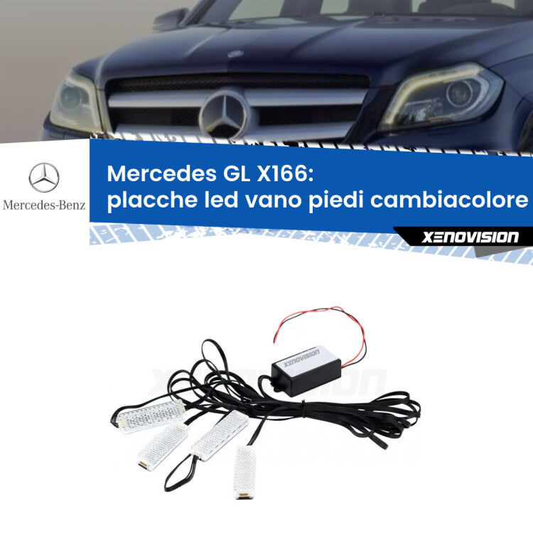 Placche LED vano piedi cambiacolore bluetooth per Mercedes GL X166 2012 - 2015 <strong>Kit placche LED cambiacolore vano piedi Mercedes GL</strong> X166 2012 - 2015. 4 placche <strong>Bluetooth</strong> con app Android /iOS.