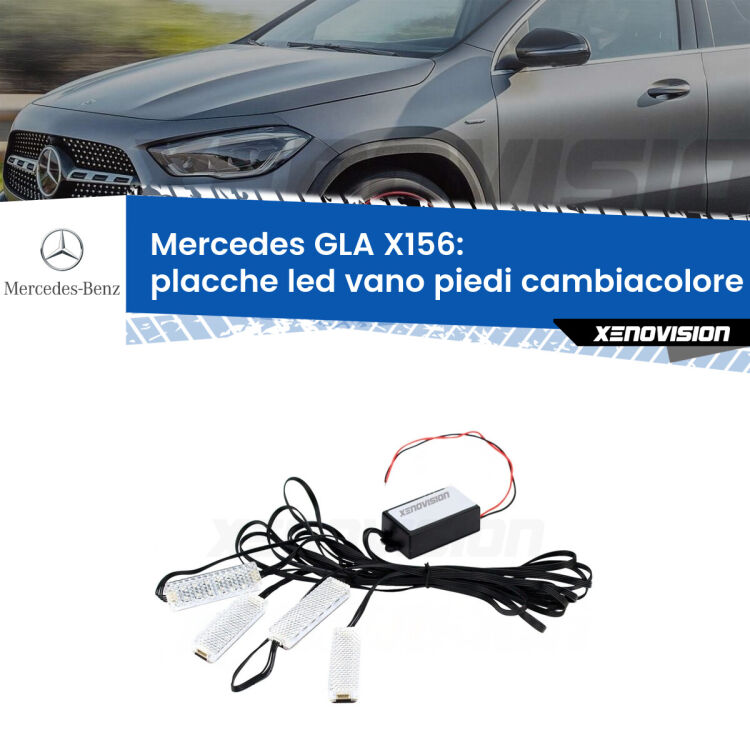 Placche LED vano piedi cambiacolore bluetooth per Mercedes GLA X156 2013 in poi <strong>Kit placche LED cambiacolore vano piedi Mercedes GLA</strong> X156 2013 in poi. 4 placche <strong>Bluetooth</strong> con app Android /iOS.