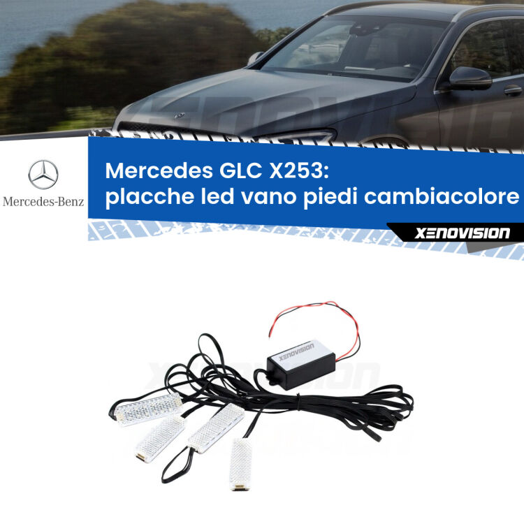 Placche LED vano piedi cambiacolore bluetooth per Mercedes GLC X253 2015 - 2021 <strong>Kit placche LED cambiacolore vano piedi Mercedes GLC</strong> X253 2015 - 2021. 4 placche <strong>Bluetooth</strong> con app Android /iOS.