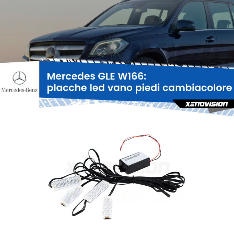 Placche LED vano piedi cambiacolore bluetooth per Mercedes GLE W166 2015 - 2018 <strong>Kit placche LED cambiacolore vano piedi Mercedes GLE</strong> W166 2015 - 2018. 4 placche <strong>Bluetooth</strong> con app Android /iOS.