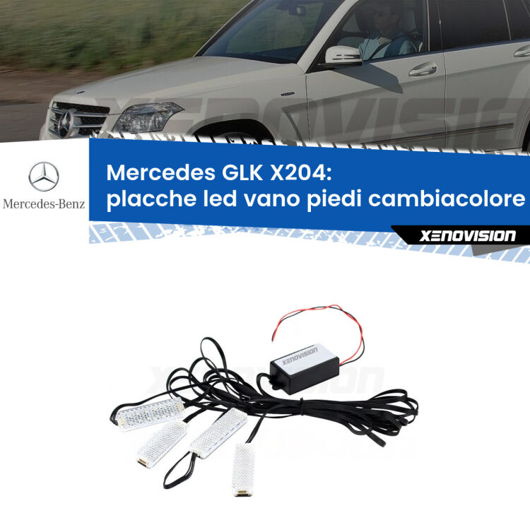 Placche LED vano piedi cambiacolore bluetooth per Mercedes GLK X204 2008 - 2015 <strong>Kit placche LED cambiacolore vano piedi Mercedes GLK</strong> X204 2008 - 2015. 4 placche <strong>Bluetooth</strong> con app Android /iOS.