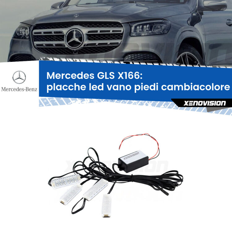 Placche LED vano piedi cambiacolore bluetooth per Mercedes GLS X166 2015 - 2019 <strong>Kit placche LED cambiacolore vano piedi Mercedes GLS</strong> X166 2015 - 2019. 4 placche <strong>Bluetooth</strong> con app Android /iOS.