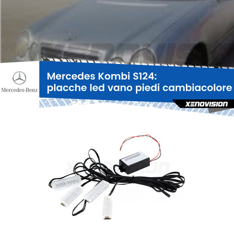 Placche LED vano piedi cambiacolore bluetooth per Mercedes Kombi S124 1985 - 1993 <strong>Kit placche LED cambiacolore vano piedi Mercedes Kombi</strong> S124 1985 - 1993. 4 placche <strong>Bluetooth</strong> con app Android /iOS.
