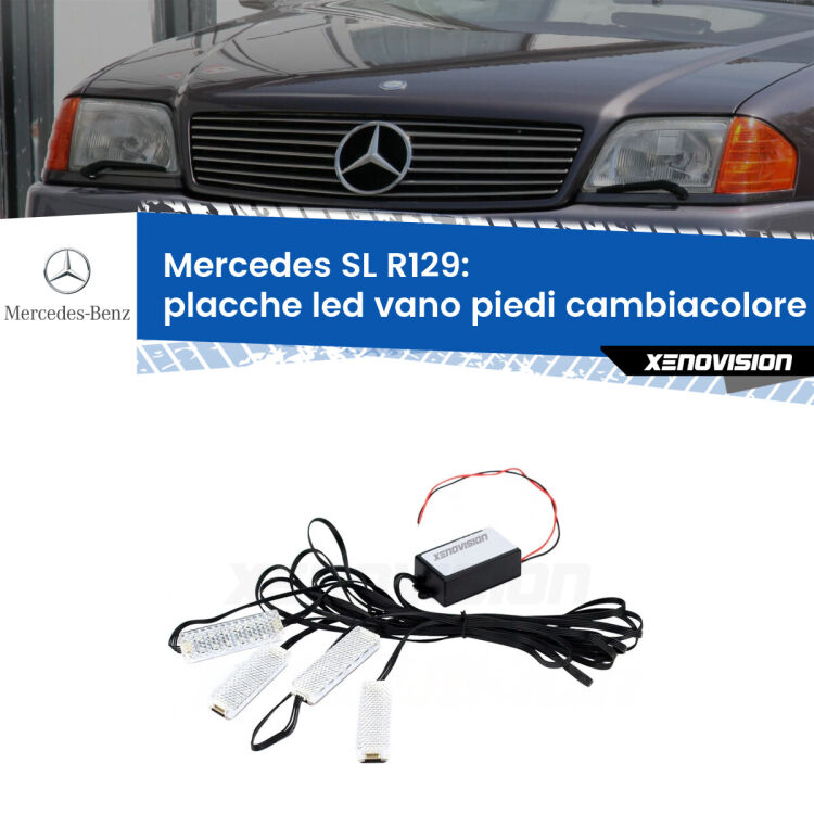 Placche LED vano piedi cambiacolore bluetooth per Mercedes SL R129 1989 - 2001 <strong>Kit placche LED cambiacolore vano piedi Mercedes SL</strong> R129 1989 - 2001. 4 placche <strong>Bluetooth</strong> con app Android /iOS.