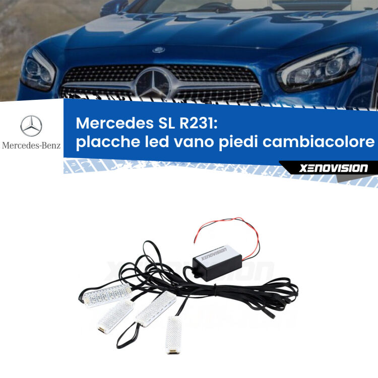 0 Placche LED vano piedi cambiacolore bluetooth per Mercedes SL R231 2012 in poi <strong>Kit placche LED cambiacolore vano piedi Mercedes SL</strong> R231 2012 in poi. 4 placche <strong>Bluetooth</strong> con app Android /iOS.