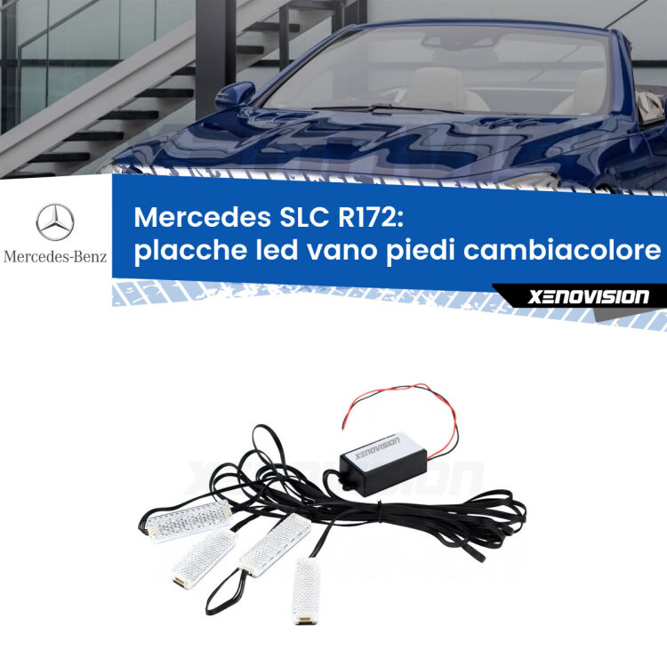 Placche LED vano piedi cambiacolore bluetooth per Mercedes SLC R172 2016 - 2017 <strong>Kit placche LED cambiacolore vano piedi Mercedes SLC</strong> R172 2016 - 2017. 4 placche <strong>Bluetooth</strong> con app Android /iOS.
