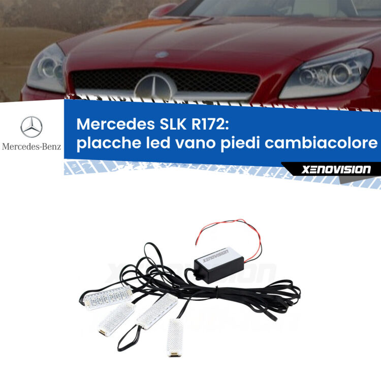 Placche LED vano piedi cambiacolore bluetooth per Mercedes SLK R172 2011 in poi <strong>Kit placche LED cambiacolore vano piedi Mercedes SLK</strong> R172 2011 in poi. 4 placche <strong>Bluetooth</strong> con app Android /iOS.