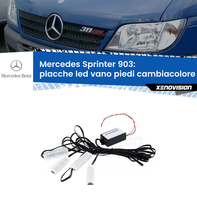 Placche LED vano piedi cambiacolore bluetooth per Mercedes Sprinter 903 1995 - 2006 <strong>Kit placche LED cambiacolore vano piedi Mercedes Sprinter</strong> 903 1995 - 2006. 4 placche <strong>Bluetooth</strong> con app Android /iOS.