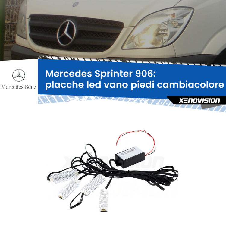 Placche LED vano piedi cambiacolore bluetooth per Mercedes Sprinter 906 2006 - 2018 <strong>Kit placche LED cambiacolore vano piedi Mercedes Sprinter</strong> 906 2006 - 2018. 4 placche <strong>Bluetooth</strong> con app Android /iOS.