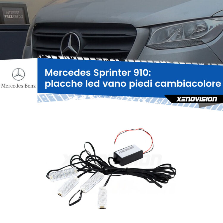Placche LED vano piedi cambiacolore bluetooth per Mercedes Sprinter 910 2018 in poi <strong>Kit placche LED cambiacolore vano piedi Mercedes Sprinter</strong> 910 2018 in poi. 4 placche <strong>Bluetooth</strong> con app Android /iOS.