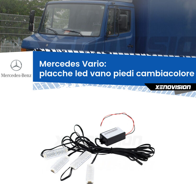 Placche LED vano piedi cambiacolore bluetooth per Mercedes Vario  1996 - 2013 <strong>Kit placche LED cambiacolore vano piedi Mercedes Vario</strong>  1996 - 2013. 4 placche <strong>Bluetooth</strong> con app Android /iOS.
