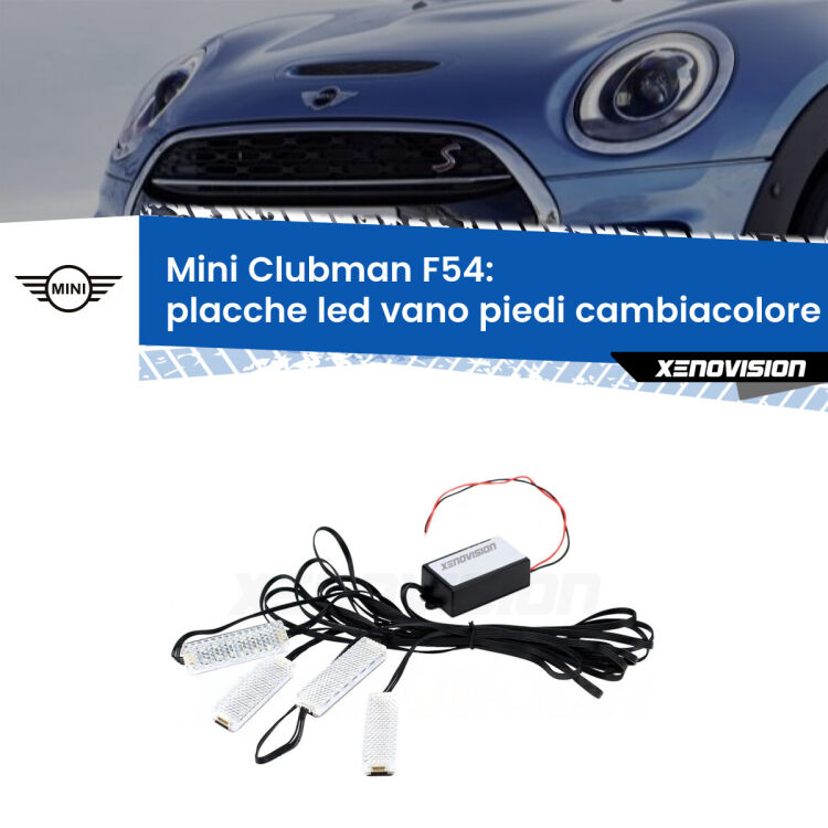 Placche LED vano piedi cambiacolore bluetooth per Mini Clubman F54 2014 - 2019 <strong>Kit placche LED cambiacolore vano piedi Mini Clubman</strong> F54 2014 - 2019. 4 placche <strong>Bluetooth</strong> con app Android /iOS.