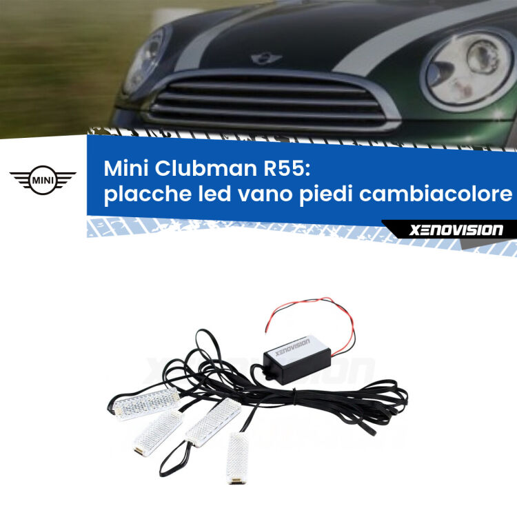 Placche LED vano piedi cambiacolore bluetooth per Mini Clubman R55 2007 - 2014 <strong>Kit placche LED cambiacolore vano piedi Mini Clubman</strong> R55 2007 - 2014. 4 placche <strong>Bluetooth</strong> con app Android /iOS.