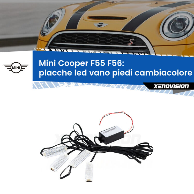 Placche LED vano piedi cambiacolore bluetooth per Mini Cooper F55 F56 2013 - 2017 <strong>Kit placche LED cambiacolore vano piedi Mini Cooper</strong> F55 F56 2013 - 2017. 4 placche <strong>Bluetooth</strong> con app Android /iOS.