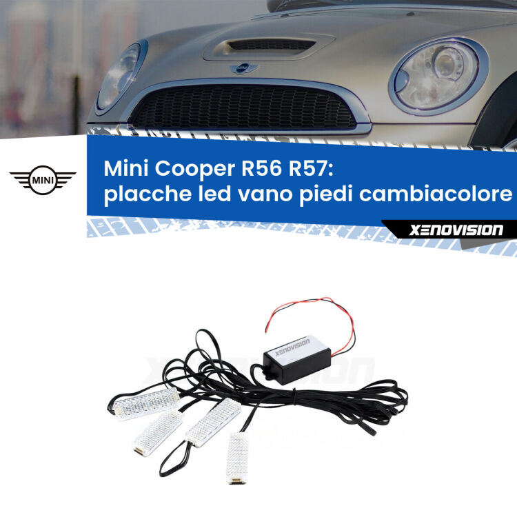 Placche LED vano piedi cambiacolore bluetooth per Mini Cooper R56 R57 2006 - 2013 <strong>Kit placche LED cambiacolore vano piedi Mini Cooper</strong> R56 R57 2006 - 2013. 4 placche <strong>Bluetooth</strong> con app Android /iOS.