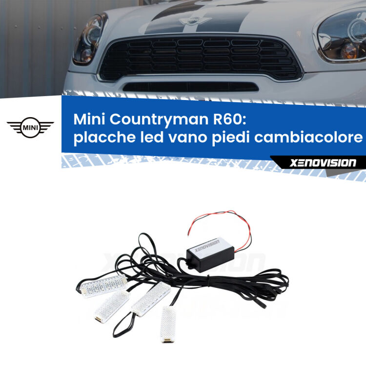 Placche LED vano piedi cambiacolore bluetooth per Mini Countryman R60 2010 - 2016 <strong>Kit placche LED cambiacolore vano piedi Mini Countryman</strong> R60 2010 - 2016. 4 placche <strong>Bluetooth</strong> con app Android /iOS.