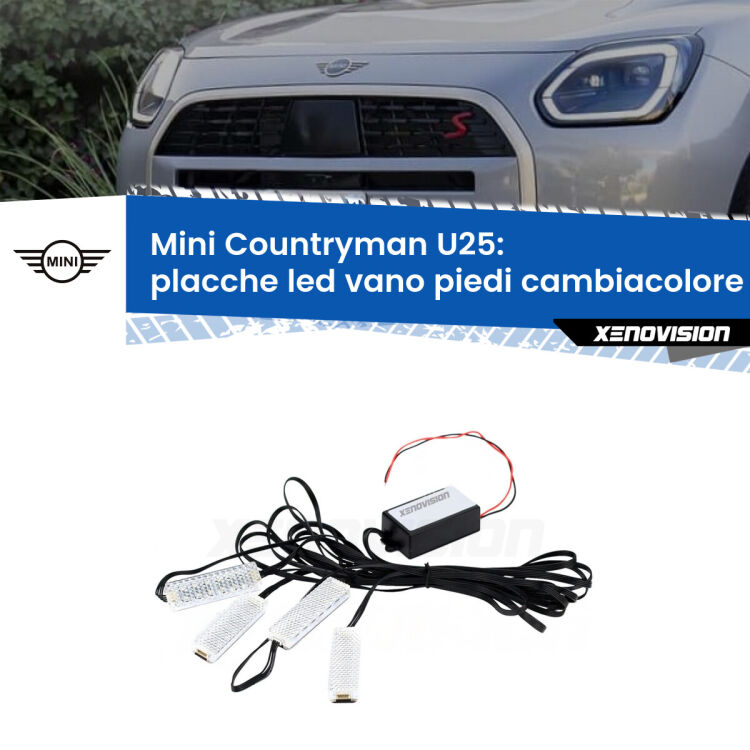 Placche LED vano piedi cambiacolore bluetooth per Mini Countryman U25 2023 in poi <strong>Kit placche LED cambiacolore vano piedi Mini Countryman</strong> U25 2023 in poi. 4 placche <strong>Bluetooth</strong> con app Android /iOS.