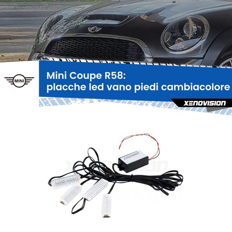 Placche LED vano piedi cambiacolore bluetooth per Mini Coupe R58 2011 - 2015 <strong>Kit placche LED cambiacolore vano piedi Mini Coupe</strong> R58 2011 - 2015. 4 placche <strong>Bluetooth</strong> con app Android /iOS.
