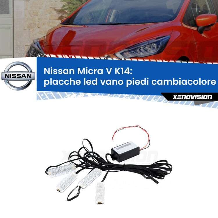 Placche LED vano piedi cambiacolore bluetooth per Nissan Micra V K14 2016 in poi <strong>Kit placche LED cambiacolore vano piedi Nissan Micra V</strong> K14 2016 in poi. 4 placche <strong>Bluetooth</strong> con app Android /iOS.