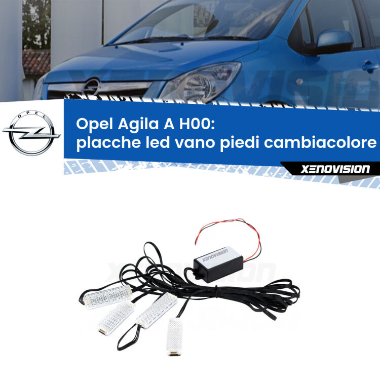 Placche LED vano piedi cambiacolore bluetooth per Opel Agila A H00 2000 - 2007 <strong>Kit placche LED cambiacolore vano piedi Opel Agila A</strong> H00 2000 - 2007. 4 placche <strong>Bluetooth</strong> con app Android /iOS.