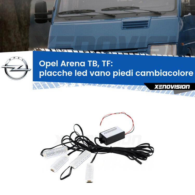 Placche LED vano piedi cambiacolore bluetooth per Opel Arena TB, TF 1998 - 2001 <strong>Kit placche LED cambiacolore vano piedi Opel Arena</strong> TB, TF 1998 - 2001. 4 placche <strong>Bluetooth</strong> con app Android /iOS.