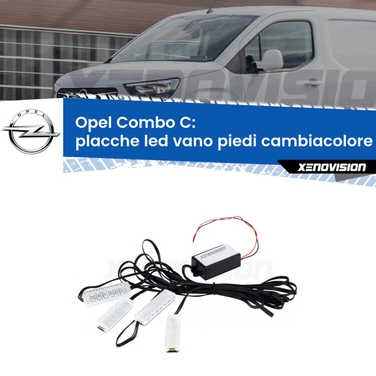 Placche LED vano piedi cambiacolore bluetooth per Opel Combo C  2001 - 2011 <strong>Kit placche LED cambiacolore vano piedi Opel Combo C</strong>  2001 - 2011. 4 placche <strong>Bluetooth</strong> con app Android /iOS.