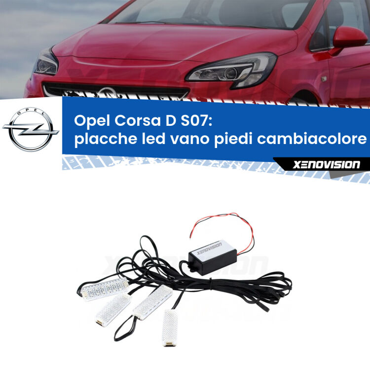 Placche LED vano piedi cambiacolore bluetooth per Opel Corsa D S07 2006 - 2014 <strong>Kit placche LED cambiacolore vano piedi Opel Corsa D</strong> S07 2006 - 2014. 4 placche <strong>Bluetooth</strong> con app Android /iOS.