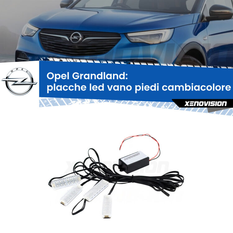 Placche LED vano piedi cambiacolore bluetooth per Opel Grandland  2017 in poi <strong>Kit placche LED cambiacolore vano piedi Opel Grandland</strong>  2017 in poi. 4 placche <strong>Bluetooth</strong> con app Android /iOS.