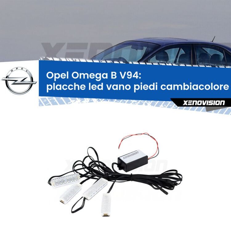 Placche LED vano piedi cambiacolore bluetooth per Opel Omega B V94 1994 - 2003 <strong>Kit placche LED cambiacolore vano piedi Opel Omega B</strong> V94 1994 - 2003. 4 placche <strong>Bluetooth</strong> con app Android /iOS.