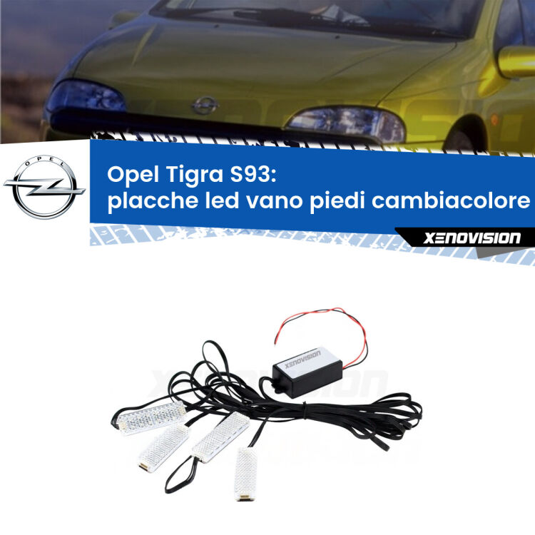 Placche LED vano piedi cambiacolore bluetooth per Opel Tigra S93 1994 - 2000 <strong>Kit placche LED cambiacolore vano piedi Opel Tigra</strong> S93 1994 - 2000. 4 placche <strong>Bluetooth</strong> con app Android /iOS.
