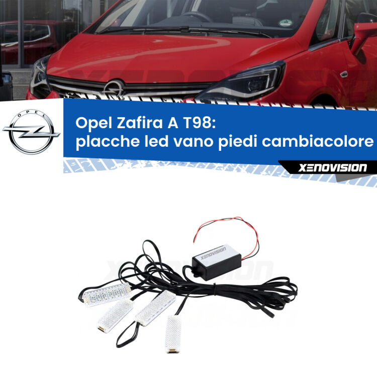 Placche LED vano piedi cambiacolore bluetooth per Opel Zafira A T98 1999 - 2005 <strong>Kit placche LED cambiacolore vano piedi Opel Zafira A</strong> T98 1999 - 2005. 4 placche <strong>Bluetooth</strong> con app Android /iOS.