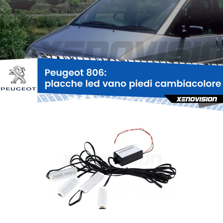 Placche LED vano piedi cambiacolore bluetooth per Peugeot 806 1994 - 2002 <strong>Kit placche LED cambiacolore vano piedi Peugeot 806</strong> 1994 - 2002. 4 placche <strong>Bluetooth</strong> con app Android /iOS.