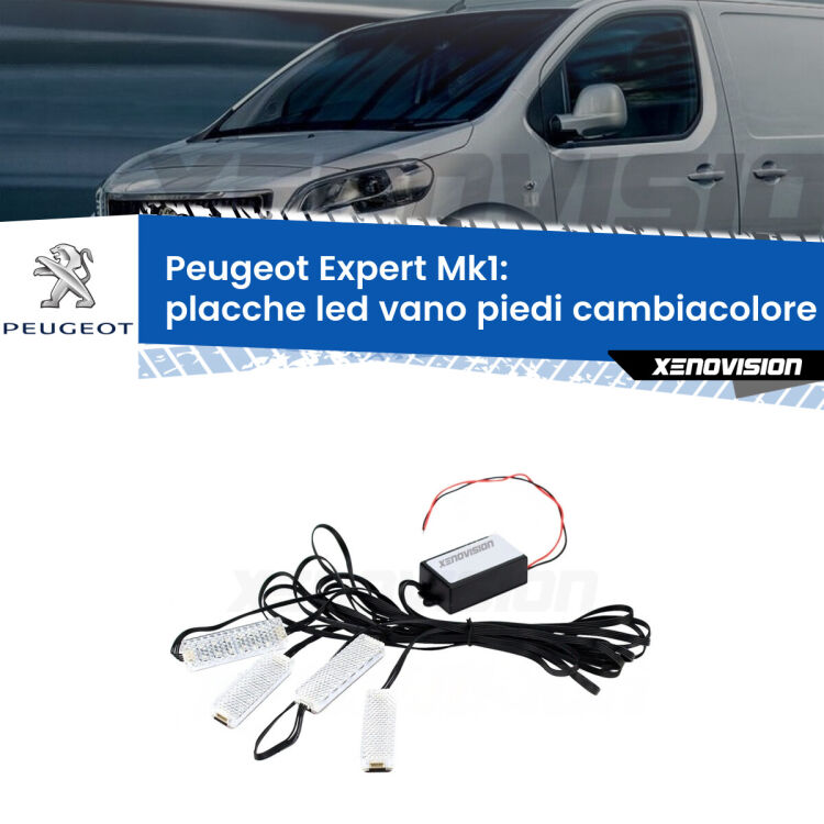 Placche LED vano piedi cambiacolore bluetooth per Peugeot Expert Mk1 1996 - 2006 <strong>Kit placche LED cambiacolore vano piedi Peugeot Expert</strong> Mk1 1996 - 2006. 4 placche <strong>Bluetooth</strong> con app Android /iOS.
