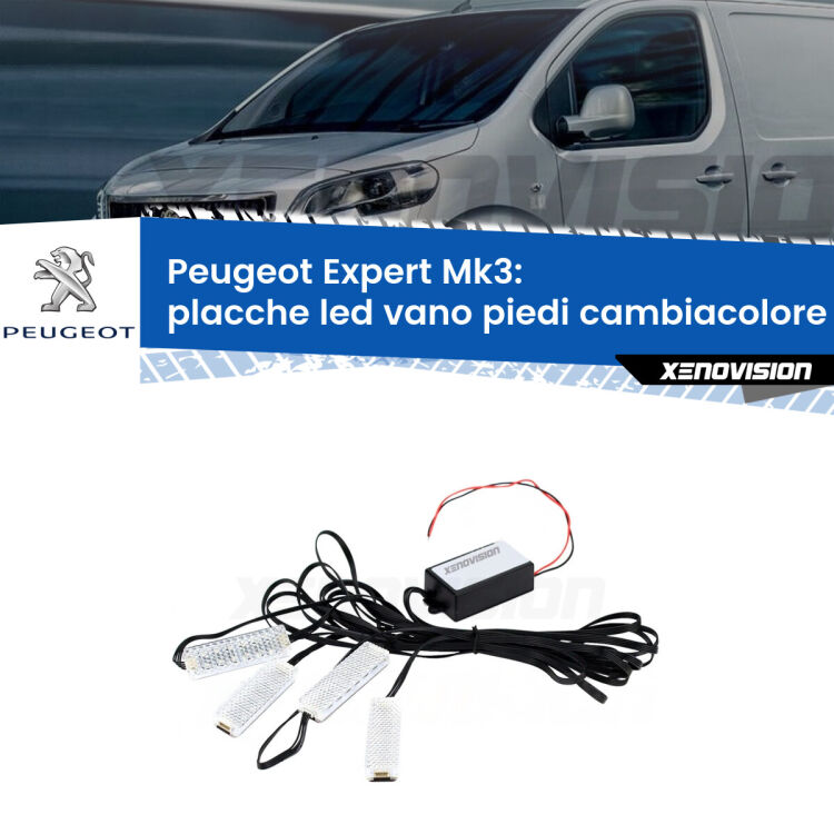 Placche LED vano piedi cambiacolore bluetooth per Peugeot Expert Mk3 2016 in poi <strong>Kit placche LED cambiacolore vano piedi Peugeot Expert</strong> Mk3 2016 in poi. 4 placche <strong>Bluetooth</strong> con app Android /iOS.