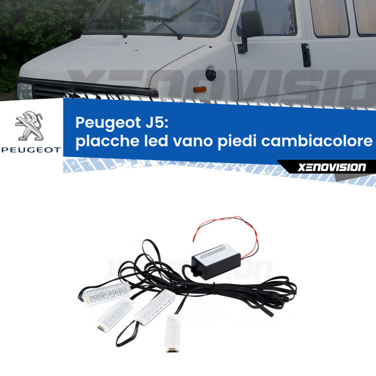 Placche LED vano piedi cambiacolore bluetooth per Peugeot J5 1990 - 1994 <strong>Kit placche LED cambiacolore vano piedi Peugeot J5</strong> 1990 - 1994. 4 placche <strong>Bluetooth</strong> con app Android /iOS.