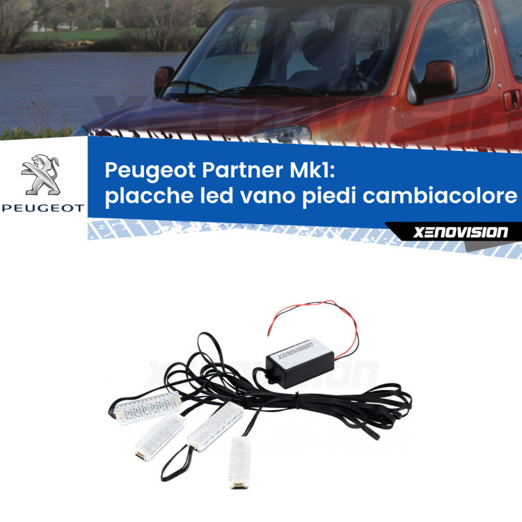 Placche LED vano piedi cambiacolore bluetooth per Peugeot Partner Mk1 1996 - 2007 <strong>Kit placche LED cambiacolore vano piedi Peugeot Partner</strong> Mk1 1996 - 2007. 4 placche <strong>Bluetooth</strong> con app Android /iOS.