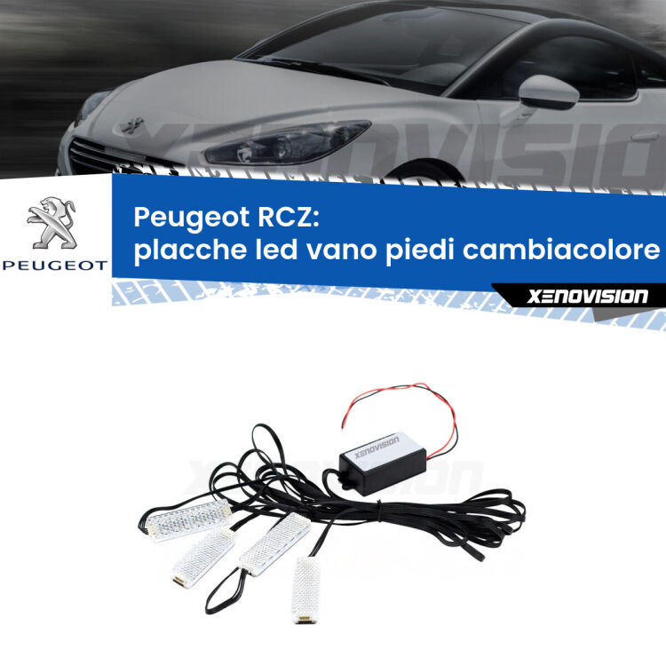 Placche LED vano piedi cambiacolore bluetooth per Peugeot RCZ 2010 - 2015 <strong>Kit placche LED cambiacolore vano piedi Peugeot RCZ</strong> 2010 - 2015. 4 placche <strong>Bluetooth</strong> con app Android /iOS.