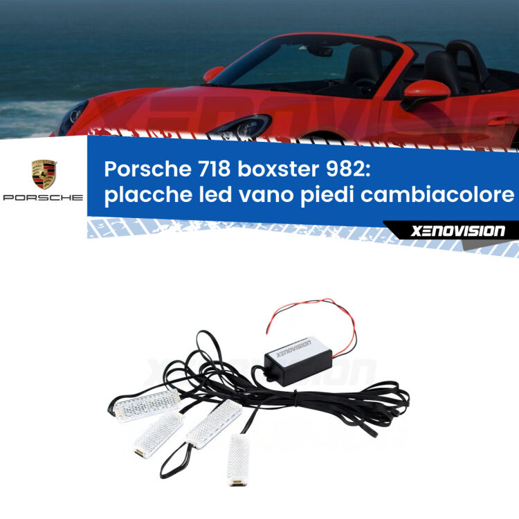 Placche LED vano piedi cambiacolore bluetooth per Porsche 718 boxster 982 2016 in poi <strong>Kit placche LED cambiacolore vano piedi Porsche 718 boxster</strong> 982 2016 in poi. 4 placche <strong>Bluetooth</strong> con app Android /iOS.