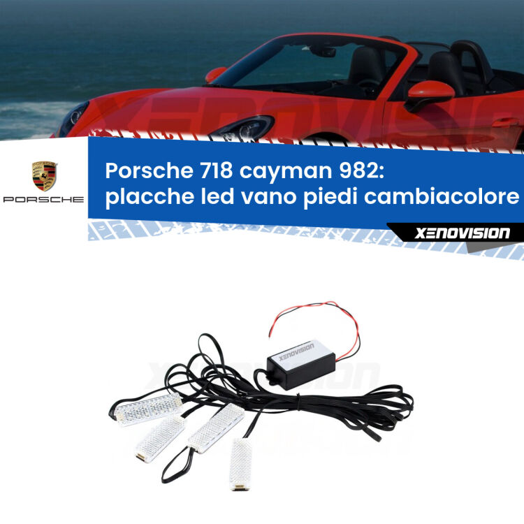 Placche LED vano piedi cambiacolore bluetooth per Porsche 718 cayman 982 2016 in poi <strong>Kit placche LED cambiacolore vano piedi Porsche 718 cayman</strong> 982 2016 in poi. 4 placche <strong>Bluetooth</strong> con app Android /iOS.
