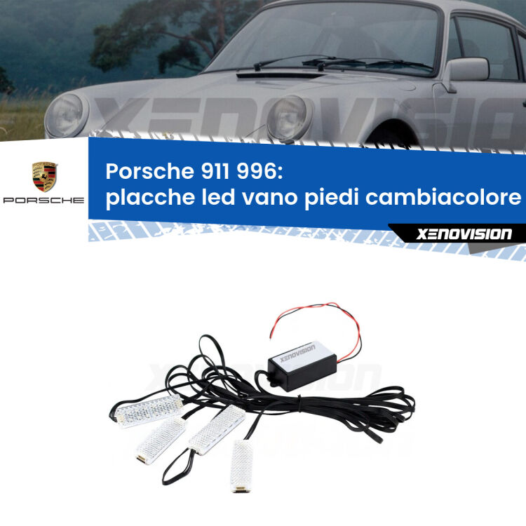 Placche LED vano piedi cambiacolore bluetooth per Porsche 911 996 1997 - 2005 <strong>Kit placche LED cambiacolore vano piedi Porsche 911</strong> 996 1997 - 2005. 4 placche <strong>Bluetooth</strong> con app Android /iOS.
