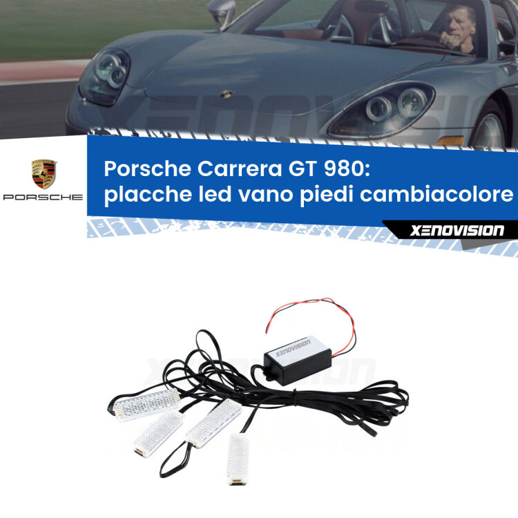 Placche LED vano piedi cambiacolore bluetooth per Porsche Carrera GT 980 2003 - 2006 <strong>Kit placche LED cambiacolore vano piedi Porsche Carrera GT</strong> 980 2003 - 2006. 4 placche <strong>Bluetooth</strong> con app Android /iOS.