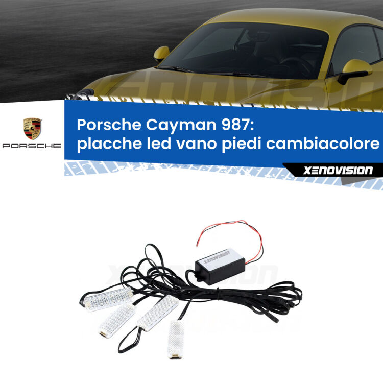 Placche LED vano piedi cambiacolore bluetooth per Porsche Cayman 987 2005 - 2013 <strong>Kit placche LED cambiacolore vano piedi Porsche Cayman</strong> 987 2005 - 2013. 4 placche <strong>Bluetooth</strong> con app Android /iOS.