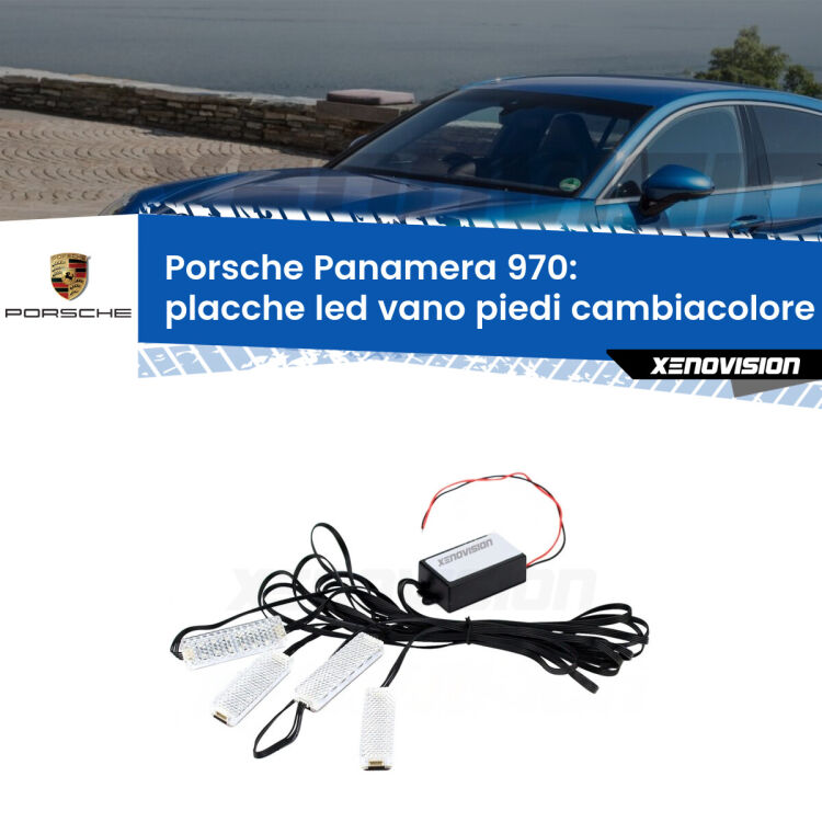 Placche LED vano piedi cambiacolore bluetooth per Porsche Panamera 970 2009 - 2016 <strong>Kit placche LED cambiacolore vano piedi Porsche Panamera</strong> 970 2009 - 2016. 4 placche <strong>Bluetooth</strong> con app Android /iOS.