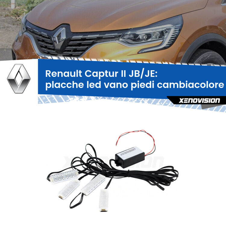 Placche LED vano piedi cambiacolore bluetooth per Renault Captur II JB/JE 2019 in poi <strong>Kit placche LED cambiacolore vano piedi Renault Captur II</strong> JB/JE 2019 in poi. 4 placche <strong>Bluetooth</strong> con app Android /iOS.