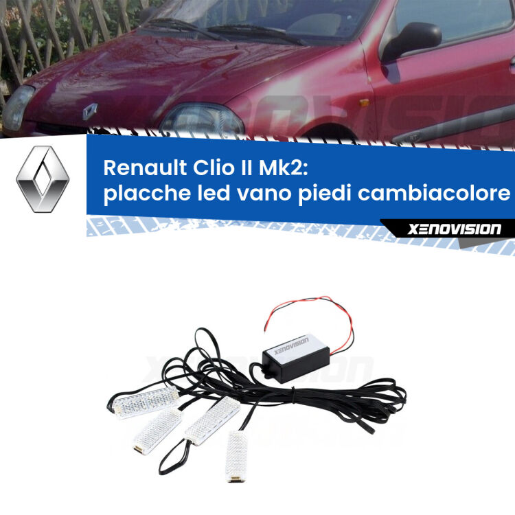 Placche LED vano piedi cambiacolore bluetooth per Renault Clio II Mk2 1998 - 2004 <strong>Kit placche LED cambiacolore vano piedi Renault Clio II</strong> Mk2 1998 - 2004. 4 placche <strong>Bluetooth</strong> con app Android /iOS.