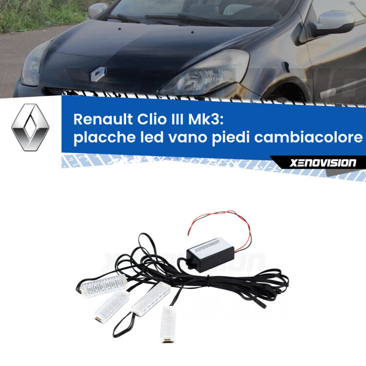 Placche LED vano piedi cambiacolore bluetooth per Renault Clio III  2005 - 2011 <strong>Kit placche LED cambiacolore vano piedi Renault Clio III</strong>  2005 - 2011. 4 placche <strong>Bluetooth</strong> con app Android /iOS.