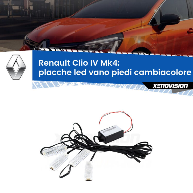 Placche LED vano piedi cambiacolore bluetooth per Renault Clio IV  2012 - 2018 <strong>Kit placche LED cambiacolore vano piedi Renault Clio IV</strong>  2012 - 2018. 4 placche <strong>Bluetooth</strong> con app Android /iOS.