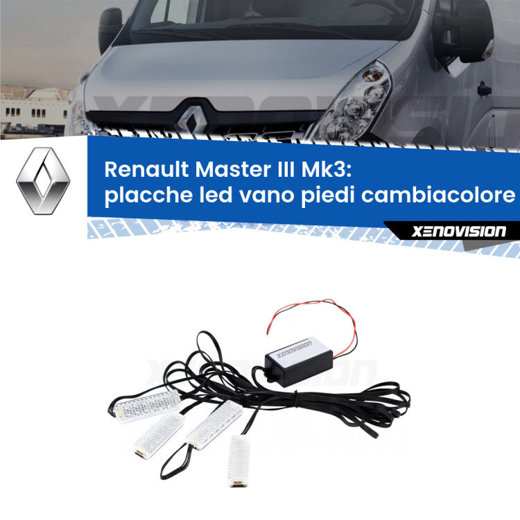 0 Placche LED vano piedi cambiacolore bluetooth per Renault Master III Mk3 2010 in poi <strong>Kit placche LED cambiacolore vano piedi Renault Master III</strong> Mk3 2010 in poi. 4 placche <strong>Bluetooth</strong> con app Android /iOS.